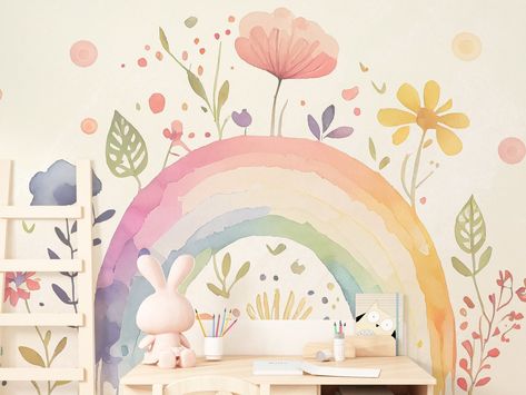 Rainbow Nursery Wall Art, Peel And Stick Wallpaper For Kids Room, Pastel Floral Room, Rainbow Wall Decals For Girls Room, Rainbow Shiplap Wall, Kids Room Rainbow Wall, Pastel Rainbow Bedroom, Rainbow Bedroom Ideas Kids, Kids Room Rainbow