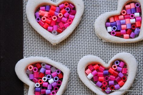 Salt Dough and Perler Bead Valentine Ornaments Salt Dough Valentines Crafts, Diy Valentines Ornaments, Valentine Bead Craft, Valentines Salt Dough Projects, Valentine Salt Dough Craft, Valentine’s Day Crafts For Kids To Parents, Valentine Salt Dough Ornaments, Salt Dough Recipe Valentines Day, Salt Dough Valentines