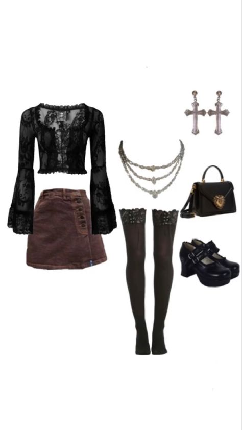 Grunge Gothic Outfits, Elegant Y2k Outfit, Coven Inspired Outfits, Gothic Outfits For School, Elegant Grunge Outfits, Grunge Outfits 2000s, Dark Color Outfits, Nana Outfits Inspired, Whimsigothic Clothes