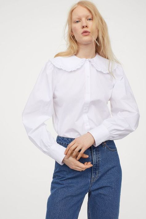 H&M Large-Collared Blouse Satijnen Blouses, Collared Blouse, High Street Fashion, Jessica Jung, Ladies Of London, Wide Cuff, H&m Women, Blouse White, Collar Blouse