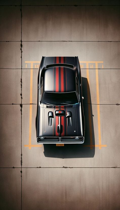 An aerial view of a black Mopar Muscle Car with bold red racing stripes, parked on an asphalt lot, creating a striking contrast. This iPhone wallpaper captures the essence of muscle car aesthetics, displaying the vehicle's sleek lines and sporty design. Aerial Wallpaper, Muscle Cars Wallpaper, Ford Mustang Wallpaper, Car Iphone Wallpaper, Mustang Wallpaper, Nascar Cars, Cars Wallpaper, Mopar Muscle Cars, Marvel Spiderman Art