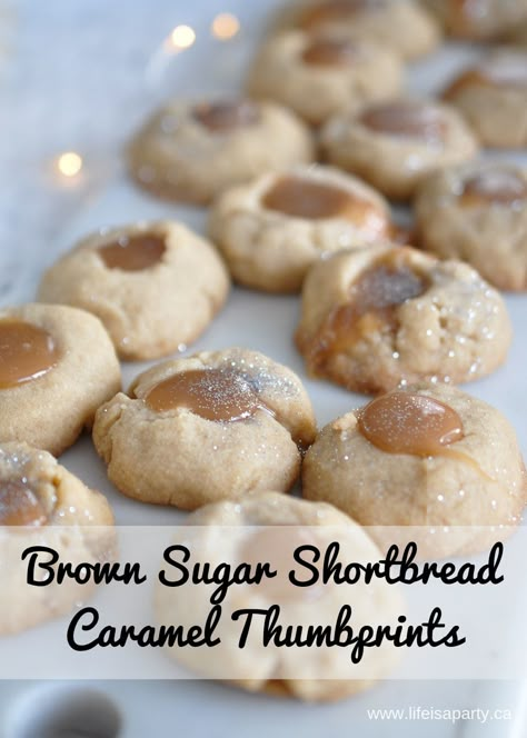 Easy Cut Out Sugar Cookies, Caramel Thumbprint Cookies, Brown Sugar Shortbread, Cut Out Sugar Cookies, Cut Out Sugar, Caramel Shortbread, Life Is A Party, Thumbprint Cookies Recipe, Homemade Caramel Sauce