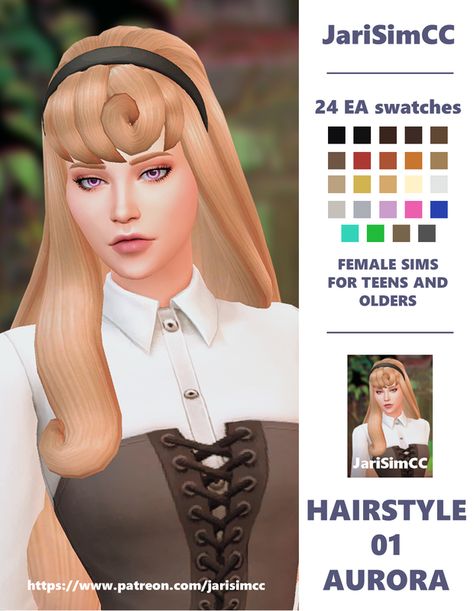 JariSimCC FemaleHair 01 Aurora + Accessories | JariSimCC Sims 4 Aurora Cc, Sims 4 Disney Cc, Hairstyle With Headband, Sims Costume, Disney Princess Challenge, Cc Hair, Sims 4 Anime, Pelo Sims, Sims 4 Cc Skin