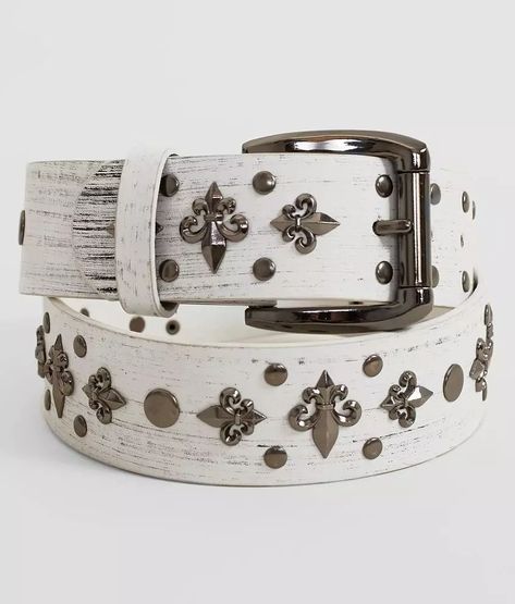 B Icon Studded Fleur Leather Belt - Men's Belts in White | Buckle Y2k Belt, Nice Belts, Leather Man, Leather Belts Men, Studded Belt, Men's Belt, White Belt, Conversion Chart, Leather Shops