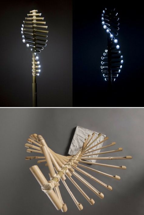 ‘Flow’ is a bamboo lamp, self-maintaining public lighting which operates on the principle of vertical wind turbine. The whole lamp disintegrates in nature except for the electronics – LEDs, wires and dynamo – which after time can be recycled without downcycling. Due to the simple junctions and mechanics, it can also be produced by the local unskilled workforce. #concept #lamp #lighting #lightingdesign #modernlighting #recycle #woodworking Nature Lamp Design, Public Lighting, Vertical Wind Turbine, Diy Pendant Light, Tiffany Style Lamp, Bamboo Light, Bamboo Lamp, Floor Lamp Shades, Lamp Lighting