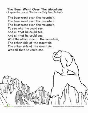 Sing along to a classic childhood tune with this coloring sheet, featuring "The Bear Went Over the Mountain"! Music Coloring Pages, Bears Preschool, Rhymes Lyrics, Childhood Activities, Nursery Rhymes Lyrics, Bear Songs, Children Songs, Circle Time Songs, Kindergarten Music