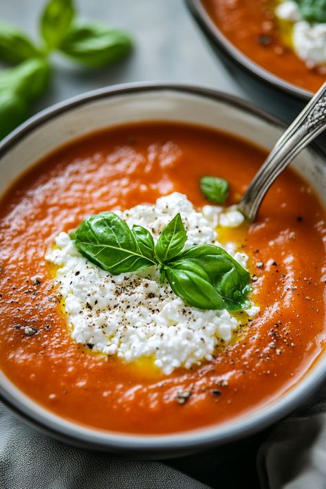 Indulge in a comforting bowl of tomato soup with a twist by adding creamy cottage cheese. This flavorful and creamy soup is the perfect combination of tangy tomatoes and rich cottage cheese, creating a unique and satisfying dish that will warm you up from the inside out. Try this delicious recipe for a cozy night in or as a special treat for yourself. Elevate your soup game with this innovative twist on a classic favorite that will surely become a new go-to dish in your meal rotation. Cottage Cheese Tomato Soup, Soup With Cottage Cheese, Cottage Cheese Tomato, Delicious Tomato Soup, Soup With Cheese, Tomato Bisque Soup, Soup Lovers, Roasted Tomato Basil Soup, Meal Rotation