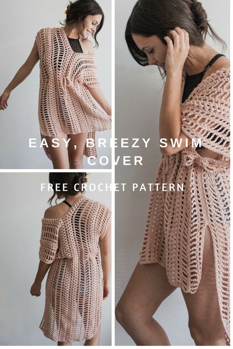 How To Make A Swimsuit Cover Up Dress From A Crochet Rectangle [Free Pattern] Crochet Dress Over Swimsuit, Crochet Beach Sweater Pattern, Easy Crochet Cover Up, Free Crochet Clothes Patterns For Women, Beach Cover Crochet, Crochet Cover Up Pattern, Swimsuit Coverup Pattern, Beach Cover Up Crochet, Beach Dress Crochet