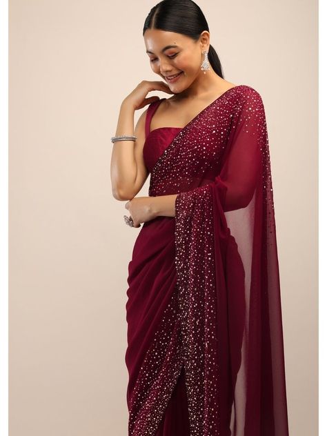 Maroon Saree Look, Maroon Saree, Pure Georgette Sarees, Kundan Work, Kalki Fashion, Indian Fashion Saree, Diy Clothes Design, Ethnic Looks, Blouse Hand Designs