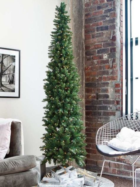 9 Ft Pencil Christmas Tree, Tall Narrow Christmas Tree, Pencil Xmas Trees, Pencil Tree Decorating Ideas Christmas, Slender Christmas Tree, Narrow Christmas Tree, Douglas Fir Christmas Tree, Professional Office Decor Ideas For Work, Office Decor Ideas For Work