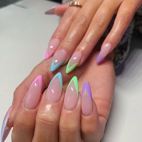 sacramento gel x on Instagram: “pastel v-frenchies for @hillaryisabella ✨” Almond Nails French Tip Color Pastel, Pastel Nails Coffin French Tip, Pink French Tip Nails V Shape, Pastel Nail Tips, Blue V Shape French Tip Nails, Neon V French Tip Nails, Neon Almond Shaped Nails, Neon Coral Nails, Almond Nails French