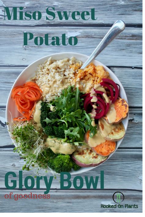 Miso Sweet Potato Glory Bowl of Goodness Glory Bowl Dressing, Miso Sweet Potato, Bowl Dressing, Glory Bowl, Healthy Dressing, Meat Eater, Food Addict, Vegan Gluten Free Recipes, Super Healthy