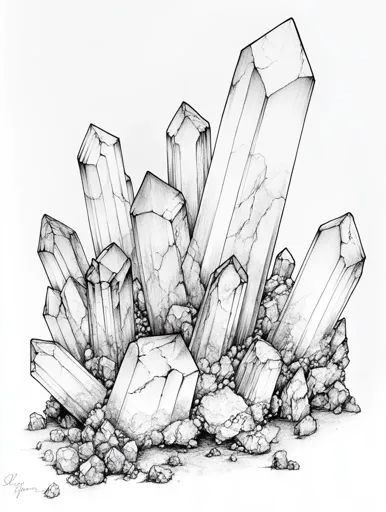 ↑↑↑ Larger size on website 🔸 A detailed black and white drawing of a cluster of crystals. The crystals are drawn with intricate d Geode Drawing Simple, Mineral Drawing, Crystal Cluster Drawing, Drawn Crystals, Crystal Drawing, The Crystals, Grayscale Image, White Drawing, Black And White Drawing