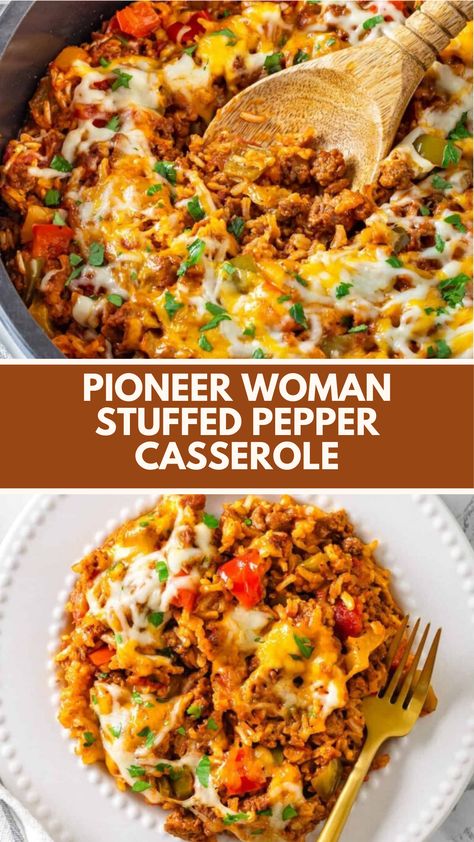 Pioneer Woman Stuffed Pepper Casserole is made with ground beef, bell peppers, rice, and cheese, seasoned with Italian or Cajun spices. It serves 6 and takes about 45 minutes to prepare and bake, offering a comforting and flavorful meal. Pioneer Woman Thai Beef With Peppers, Bell Pepper Stuffed Casserole, Meat And Bell Pepper Recipes, Pioneer Woman Stuffed Pepper Casserole, Turkey Unstuffed Peppers, Pepper Rice Casserole, Herb Infused Chicken And Bell Pepper Casserole, Pioneer Woman Stuffed Bell Peppers, Stuffed Bell Pepper Casserole Healthy