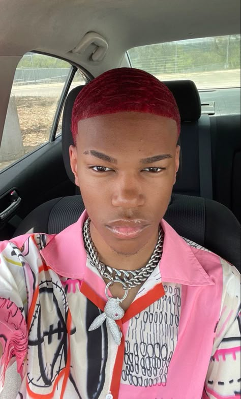 Burgundy Hair Men Black, Pink Waves Hair Men, Dark Red Dyed Hair Men, Burgundy Hair Men, Buzzcut Colored Hair Men, Red Waves Hair Black Men, Dark Red Hair Men, Red Buzzcut, Guys With Dyed Buzzcut