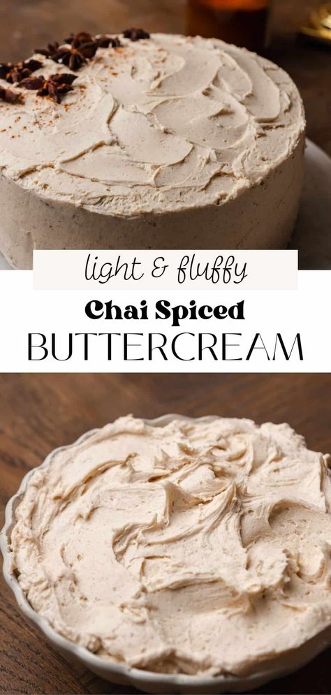 This easy chai spice buttercream frosting is a fluffy, smooth American buttercream with warm spices like cardamom, cinnamon, ginger, and black pepper. It tastes like a chai latte in frosting form and is simple to make in 10 minutes or less. Vanilla Chai Buttercream, Chai Buttercream Frosting, Chai Frosting Recipe, Chai Icing Recipe, Spiced Buttercream Frosting, Pumpkin Spice Buttercream Frosting, Indian Buttercream, Chai Buttercream, Spiced Frosting