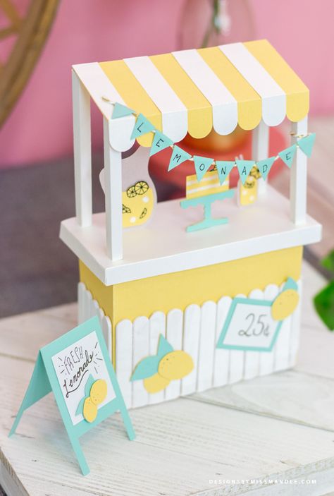 Popsicle Stick Lemonade Stand, Lemonade Paper Craft, 3d Paper Cake Template, Diy With Craft Paper, Popsicle Paper Craft, Paper Machine Crafts, 3d Things To Make, Lemon Paper Crafts, Craft In Paper