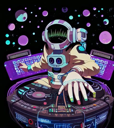 Dj Painting Ideas, Space Graffiti Art, Party Illustration Design, Dj Character Design, Astronaut Animation, Techno Illustration, Music Astronaut, Robot Astronaut, Dj Character