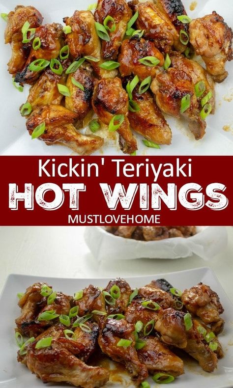 Kickin' Teriyaki Hot Wings are smothered in the perfect marriage of honey, sriracha, garlic and teriyaki sauce - baked then broiled to crispy on the outside perfection. Hot Teriyaki Wing Sauce, Baked Teriyaki Chicken Wings, Teriyaki Recipes, Wing Sauces, Teriyaki Wings, Teriyaki Chicken Wings, Baked Teriyaki Chicken, Wing Sauce Recipes, Drink Recipies