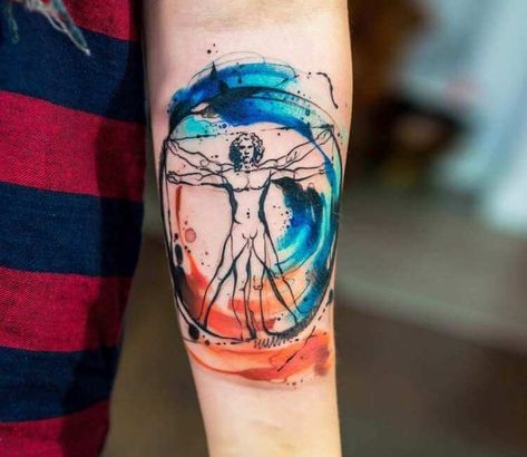 Mens Tattoos Chest, Vitruvian Man Tattoo, Watercolor Galaxy Tattoo, Watercolour Tattoo Men, Man Watercolor, Tattoos Chest, Mens Tattoos, Artsy Tattoos, Mystical Tattoos