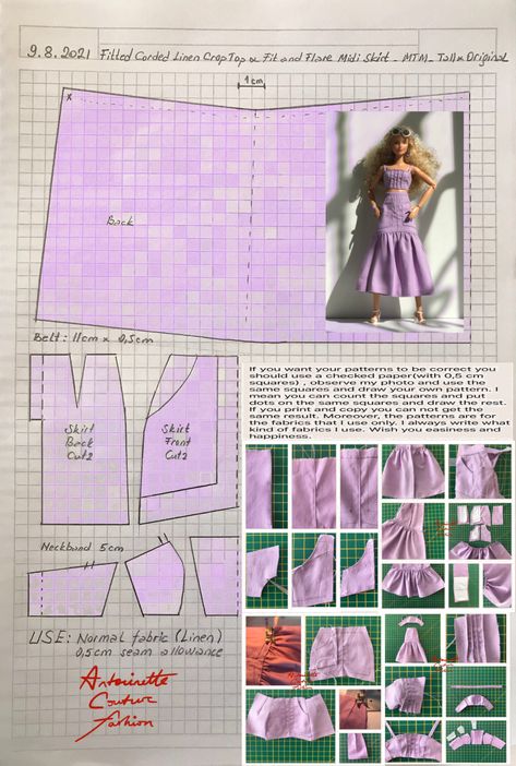 Barbie Skirt Pattern, Barbie Diy Accessories, Accessoires Barbie, Barbie Dress Pattern, Sewing Barbie Clothes, Barbie Sewing Patterns, Barbie Doll Clothing Patterns, Diy Barbie Clothes, Crochet Doll Dress