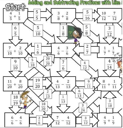 This maze for adding and subtracting fractions is a fun and interactive way for students to practice this skill. Students can work with their peers to complete this maze or independently with this activity. This activity is great because students are given options for their answers. It also serves as a great fast finisher for when students finish their work early! Adding And Subtracting Fractions Games, Adding Fractions Activities, Adding Fractions Game, Scientific Notation Activities, Math Integers, Math Maze, Kindergarten Math Worksheets Addition, Add And Subtract Fractions, Mathematics Activities