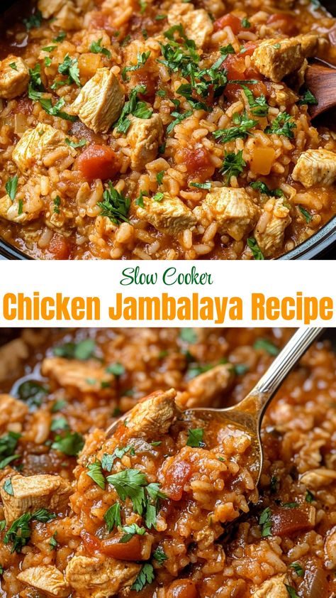 Enjoy the rich flavors of Slow Cooker Chicken Jambalaya! This easy recipe combines tender chicken, spicy sausage, and flavorful veggies, simmered to perfection. It's a hearty meal that’s perfect for family dinners or potlucks! Set it and forget it for a delicious, comforting dish that everyone will love! Slow Cooker Chicken Jambalaya, Slow Cooker Chicken And Rice Recipes, Cajun Andouille Sausage Recipes, Zatarans Jambalaya, Rice Slow Cooker Recipes, Jambalaya Recipe Crockpot, Boneless And Skinless Chicken Thighs, Chicken Jambalaya Recipe, Crockpot Jambalaya