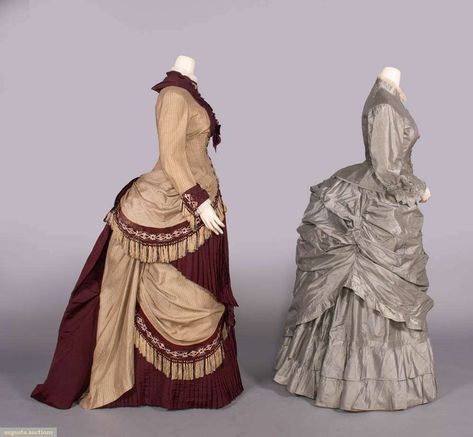 Two Silk Bustle Dresses, Paris, Late 1870s-mid 1880s, Augusta Auctions,  September 25th, 2024 - End of Summer Elegance Bustle Dresses, 1870 Fashion, Spots Light, Victorian Era Dresses, Augusta Auctions, 1870s Fashion, Summer Elegance, Knotted Fringe, Bustle Skirt