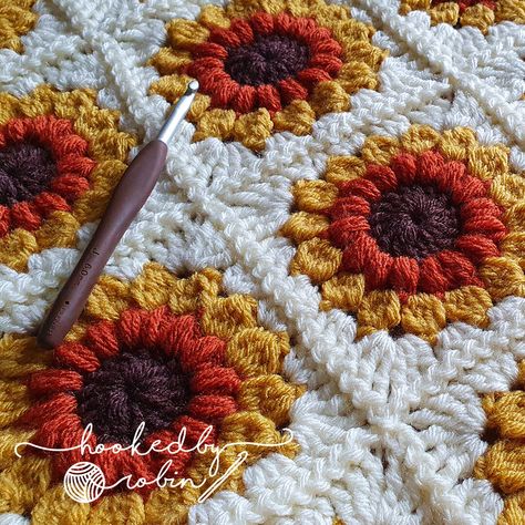 tutorial+video Crochet Ring Patterns, Sunflower Blanket, Sunflower Granny Square, Granny Square Haken, Sunflower Quilts, Granny Square Crochet Patterns Free, Crocheted Blanket, Market Bags, Crochet Sunflower