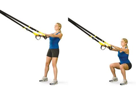 You may have seen those black-and-yellow straps hanging from the ceiling at your gym and wondered how the heck to use them. This deceptively simple piece of equipment is the TRX Suspension Trainer, and it was developed to deliver an incredible total-body workout using only your body weight as resistance. Trx Workout Plan, Trx Squat, Trx Exercises, Trx Suspension Trainer, Trx Suspension Training, Trx Training, Suspension Trainer, Trx Workouts, Suspension Training