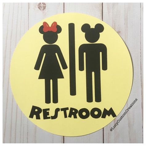 Having a Mickey Mouse theme party? Let your guests know where the bathroom is with this super cute sign! The sign is made entirely out of card stock. Yellow background, with black figures and a red bow. Measures 8W If you would like a different color combination, please feel free to message me. Mickey Mouse Bathroom Ideas, Mickey Mouse Bathroom Mirror, Mickey Mouse Bathroom Sign, Mickey And Minnie Bathroom, Mickey Home Sign, Mickey Mouse Bathroom, Mickey Mouse Theme Party, Restroom Signs, Mickey Mouse House