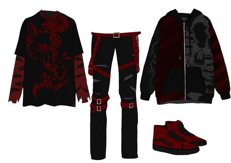 Red Outfit Men, Black And Red Outfit, Fnaf Crafts, Emo Things, Red Clothes, Rocker Outfit, Hot Clothes, Black Punks, Men Fashion Casual Shirts