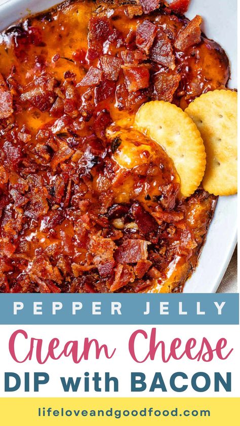 This easy holiday appetizer is the perfect blend of flavor — sweet and salty with a bit of heat! Party guests find it irresistible! This Hot Pepper Jelly Cream Cheese Dip with Bacon has a little bit of sweetness, a little bit of heat, and a bit of savory saltiness from BACON — need I say more?! Cream Cheese And Hot Pepper Jelly, Fire Pit Snack Ideas, Smoked Cream Cheese With Pepper Jelly, Pepper Jelly Cream Cheese Dip, Bacon Jam Appetizer, Pepper Jelly Cream Cheese, Pepper Jelly Cheese Dip, Dips Party, Bacon Cheeseball