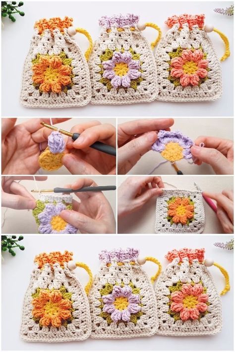 Crochet Motif Bag Pattern, Crochet Goodie Bags, Crystals And Crochet, Free Small Flower Crochet Pattern, Crochet Beats Case, Crochet Pouch Bag Pattern, Flower Pouch Crochet, Crochet Sewing Patterns, Crochet Gifts For Him