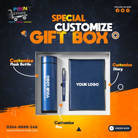 Corporate Gift Box Customize Yours. Order Now. We Have Served More Than 1100 Clients With 7 Years Of Experience. #Multan #fabrication #printstore93 #canvasprinting #Pakistan #offsetprinting #Islamabad #digitalprinting #screenprinting #promotionalproducts #keychain #tshirtprinting #giftbox #billboard #businessowner #corporate #industrial #Lahore #Expert #tshirt #viral #graphicdesign #corporategifts #business #tshirts #brochures #tshirtdesign #keychainprinting #karachi #Faisalabad Gifts Banner, Corporate Giveaways, Custom Flask, Real Estate Marketing Design, Print Business, Creative Advertising Design, Customised Gifts, Publicidad Creativa, Creative Books