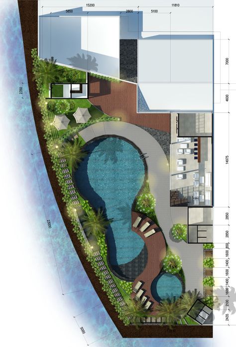 Swimming Pool Designs Plan, Swimming Pool In Hotel, Landscape Swimming Pool Design Plan, Tropical Clubhouse, Organic Pool Design, Swimming Pool Plan Architecture, Villa Landscape Design Plan, Pool Villa Plan, Swimming Pool Layout