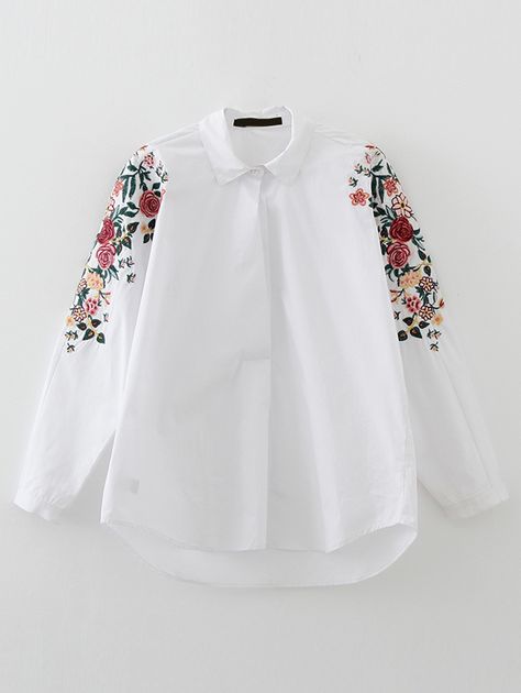 White Flower Embroidery, Sleeve Embroidery, Trendy Shirt Designs, Pocket Blouse, High Low Blouse, Fashion Tops Blouse, Couture Mode, Embroidery On Clothes, Latest Street Fashion