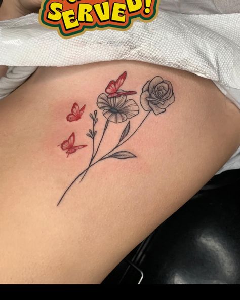 Red And Black Womens Tattoo, Red Butterfly Flower Tattoo, Red Flower Tattoo Black Women, Butterfly Poppy Tattoo, Red Buterfluffy Tattoo, Poppy And Butterfly Tattoo, Red Tattoo Flower, Black And Red Butterfly Tattoo, Red And Black Flower Tattoo