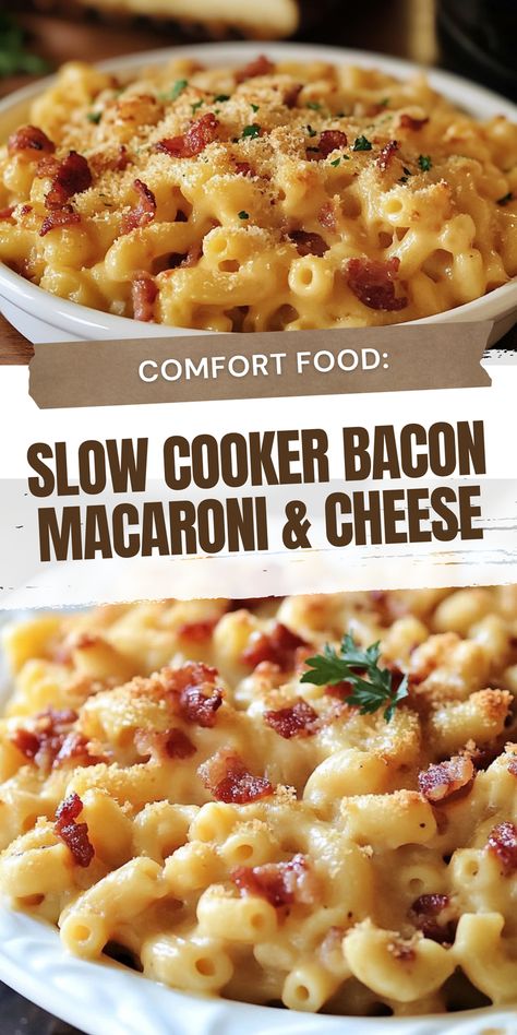 Treat yourself to a rich and creamy slow cooker bacon macaroni & cheese. This delicious recipe is perfect for busy nights, offering a flavorful and easy alternative to boxed mac. Save this pin to your slow cooker recipes board and click to get the complete recipe and instructions. Enjoy a homemade meal that’s both comforting and indulgent. Crock Pot Mac And Cheese Easy, Bacon Jalapeno Mac And Cheese, Mac N Cheese Crockpot, Comfort Food Sides, Mac N Cheese Bacon, Crock Pot Mac And Cheese, Crockpot Mac N Cheese Recipe, Macaroni Cheese Recipe, Slow Cooker Bacon