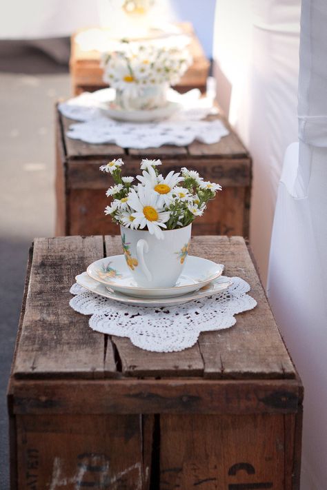 Tea Cup and dollies centerpiece. Diy Wedding Table, Tafel Decor, Daisy Wedding, Daisy Love, Party Deco, Australia Wedding, Dusty Miller, Sydney Wedding, Aisle Decor