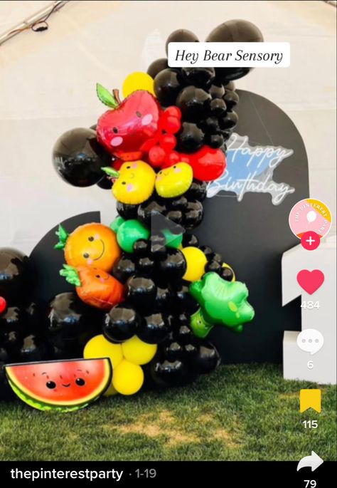 Hey Bear Balloon Garland, Hey Bear Sensory Balloon Garland, Hey Bear Balloon Arch, Hey Bear 1st Birthday Party, Hey Bear Birthday Party Decorations, Hey Bear 1st Birthday, Dancing Fruit Birthday Party, Hey Bear Birthday Party, Hey Bear Sensory Birthday Party