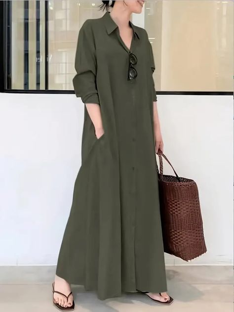 Solid Color Single Breasted Simple Dress Elegant Long Sleeve - Temu Canada Long Linen Dress Casual, Linen Dress Casual, Long Linen Dress, Long Shirt Dress, Dress With Pockets, Long Shirt, Linen Dress, Cotton Linen, Shirt Dress