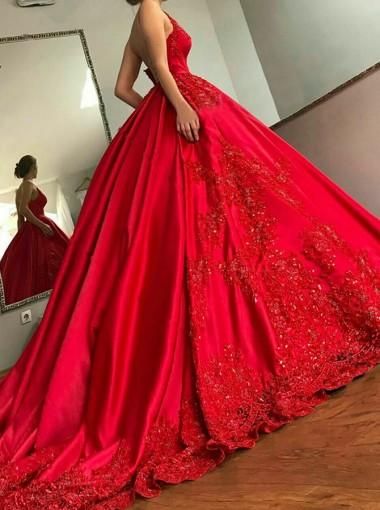 Beading Fabric, Gown Neckline, Lazaro Wedding Dress, Prom Dress With Train, Satin Bridal Gowns, Lace Beading, Spaghetti Strap Prom Dress, Red Wedding Dresses, Dresses Quinceanera