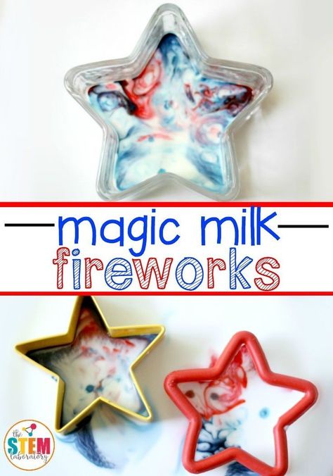 Magic Milk Fireworks. Fun 4th of July science for kids! Make red, white and blue fireworks with just three common ingredients. #4thofjuly #4thofjulycraft #4thofjulywithkids #kidscraft #kidsactivity Milk Fireworks, 4th Of July Science, Kids Science Activities, Red White And Blue Fireworks, Decor Celebration, Magic Milk, Patriotic Activities, Fourth Of July Crafts For Kids, Blue Fireworks