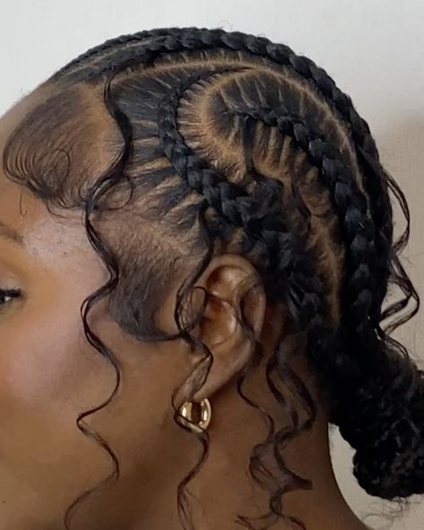 Corn Rows Natural Hair No Weave, 2 Bun Braids, Braids To The Back With Curls, Braids Without Weave, Goddess Cornrows Buns, Cornrows Braids With Curls, 6 Feed Ins, Hairstyles With Cornrows, Cornrow Hairstyles With Curls