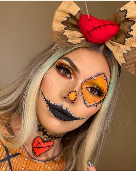 Scarecrow Costume Women, Scarecrow Face Paint, Scarecrow Halloween Makeup, Scary Halloween Makeup, Halloween Costumes Scarecrow, Scarecrow Makeup, Creepy Halloween Makeup, Cute Halloween Makeup, Halloween Makeup Pretty