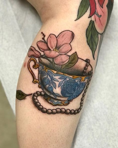 Teacup Tattoo Design, Tea Set Tattoo, Teapot And Teacup Tattoo, Teacup Tattoo American Traditional, Neotraditional Coffee Tattoo, Traditional Teacup Tattoo, Teapot Traditional Tattoo, Tea Cup Tattoo, Neo Traditional Teacup Tattoo