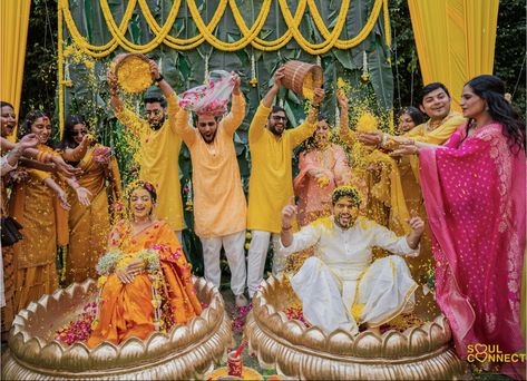 Witness the pure joy on the faces of this happy couple as their friends shower them with roses & flowers during their haldi function.! #HaldiFunction #BrideAndGroom #WeddingBliss #CelebrationOfLove Haldi Inspiration, Haldi Photography, Haldi Function, Flower Shower, Pure Joy, Happy Couple, Roses, Shower, Pure Products