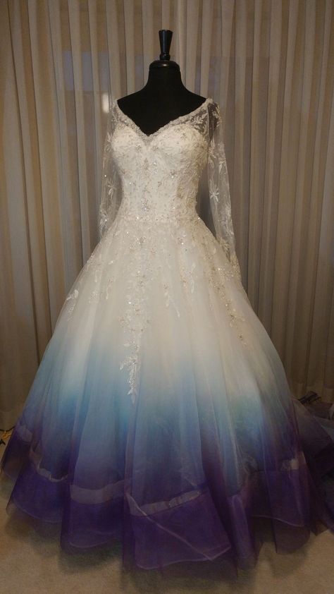 Galaxy Wedding Dress The Bride, Galaxy Themed Wedding Dress, Blue And Purple Wedding Dress, White And Blue Wedding Dress, Ombré Wedding Dress, Godly Wedding, Dip Dye Wedding Dress, Painted Wedding Dress, Dye Wedding Dress