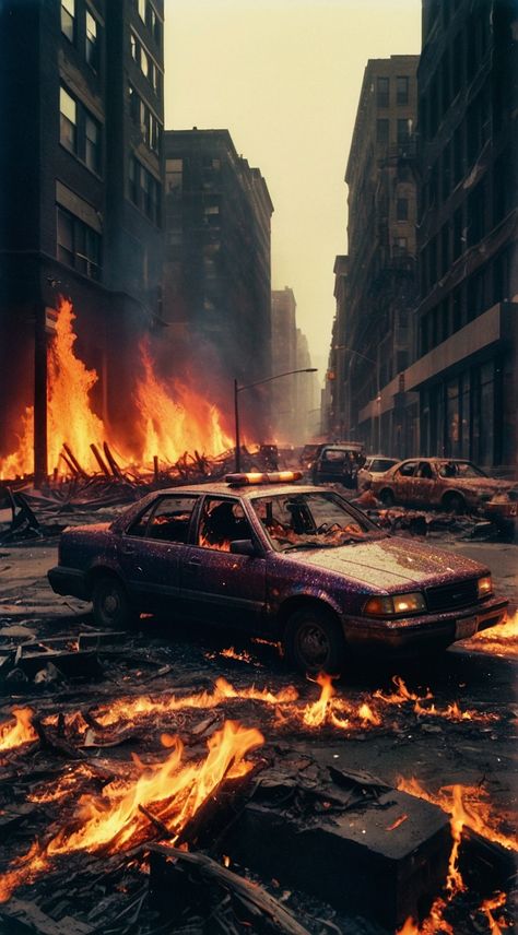 Hell on earth, fires everywhere in city, looks literally like how you would imagine hell, everything in destruction, dark detail, realistic Hell Background, Destruction Art, Destruction Aesthetic, City On Fire, Burning City Aesthetic, City Burning Aesthetic, City Destruction, Burning Building Art, Burning City Fantasy Art